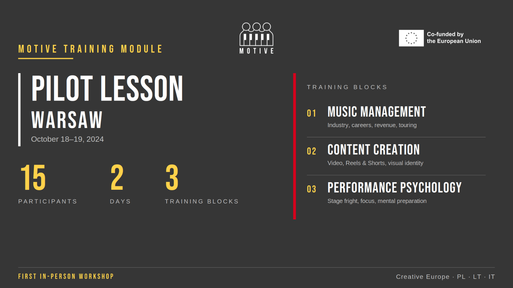 MOTIVE project Pilot Lesson in Warsaw, October 18-19, 2024. 15 participants, 2 days, 3 training blocks: music management,...