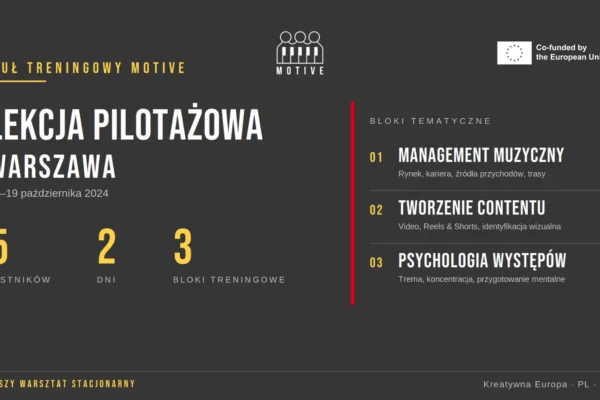 Lekcja Pilotażowa projektu MOTIVE w Warszawie, 18-19 października 2024. 15 uczestników, 2 dni, 3 bloki treningowe: management muzyczny, tworzenie contentu, psychologia występów.